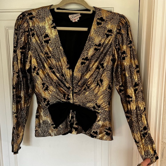 Vintage Gold Metallic Brocade Size M Evening Blouse Black Bow 80s Cocktail Top - Picture 3 of 10
